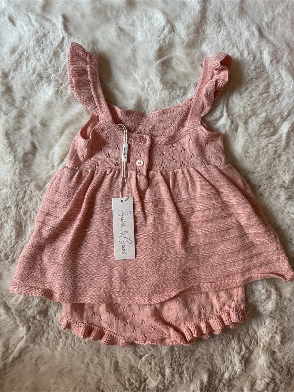 Pink Knit One-Piece with Ruffle Straps and Built in Bloomers